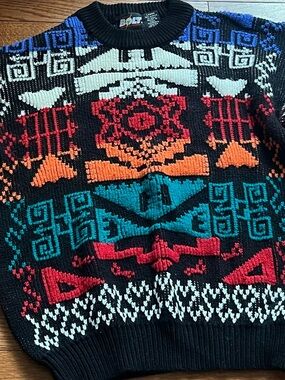 Multicolor Patterned Crewneck Sweater - Black with Teal, Orange & Red